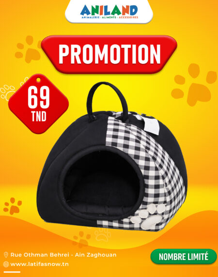 🐾 Niche Cocoon Noir & Blanc à Motif Vichy pour Chat & Petit Chien – Confort Élégant