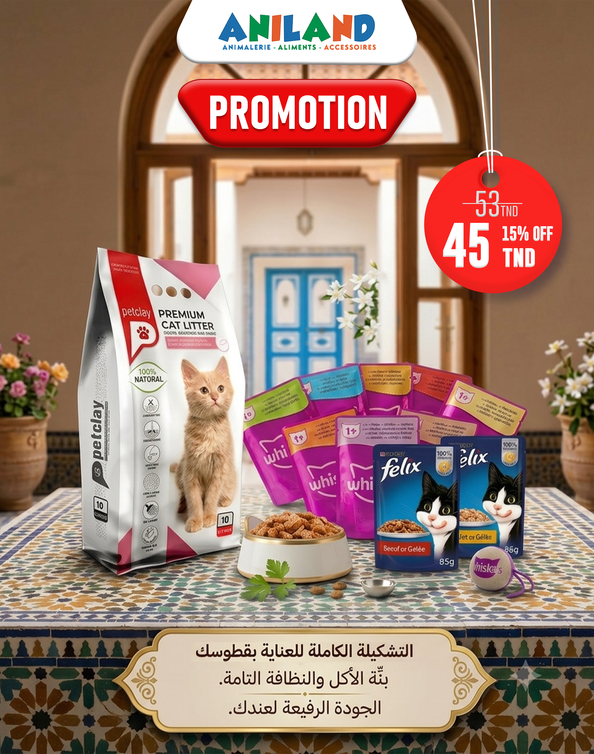 Pack Chat Complet - 8 Whiskas + 2 Felix + Litière 5L | ANILAND